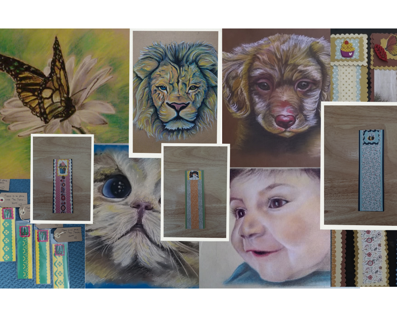A collage of multiple colorful bookmarks displayed over various colored pencil drawings, including a butterfly, a lion, a puppy, a cat, and a child's face, alongside close-ups of the bookmarks themselves.